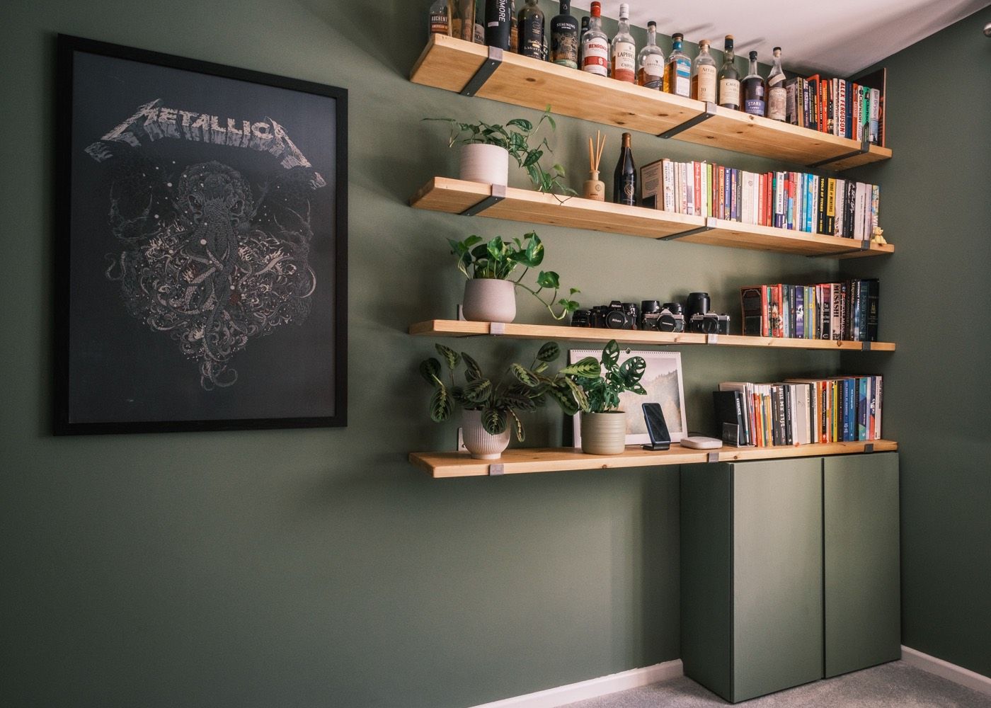 Photo of shelves with books, plants and cameras on