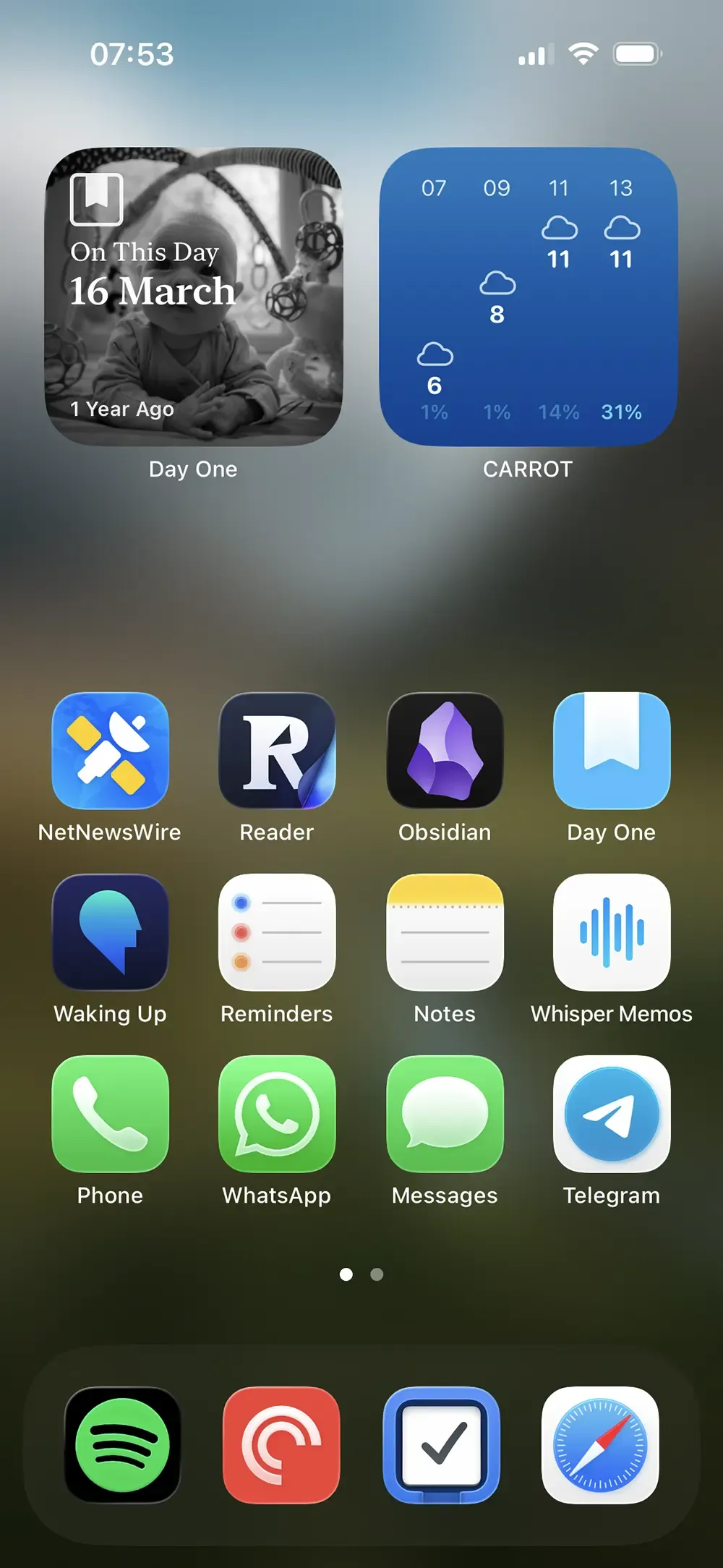 iPhone homescreen with two widgets at the top: Day and Carrot weather